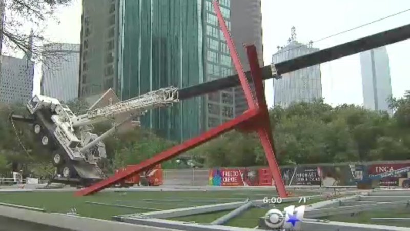 Toppled Boom Crane Truck Mistaken for Sculpture Outside Dallas Museum
