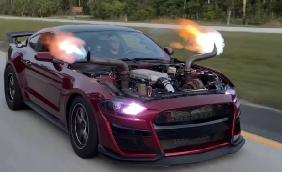 This 1,000-HP Twin-Turbo Ford Mustang Turns Its Engine Bay Into A Flamethrower