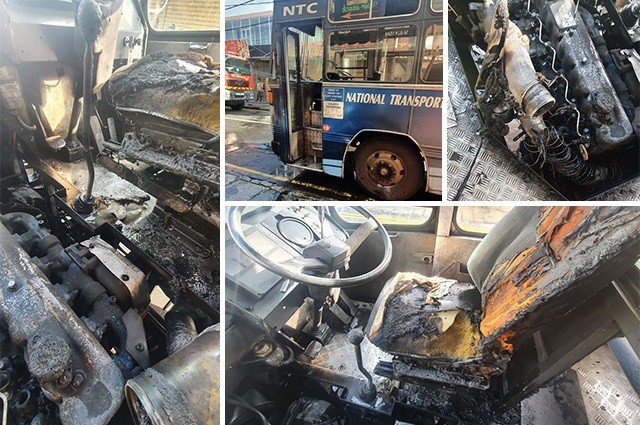 Un bus de la Compagnie Nationale de Transport a pris feu hier matin sur la route royale
