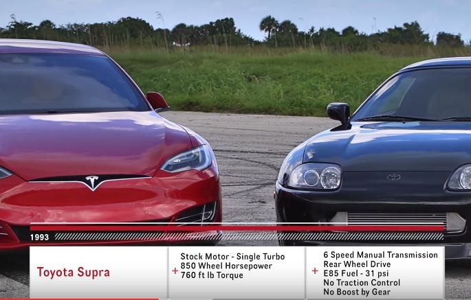 DragTimes Pits Tesla Model S P100D Versus 1,000 HP Toyota Supra Turbo