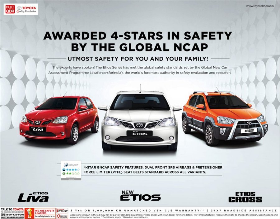 Toyota Etios , Liva and Etios Cross Achieves 4 Stars In Global NCAP Crash Test
