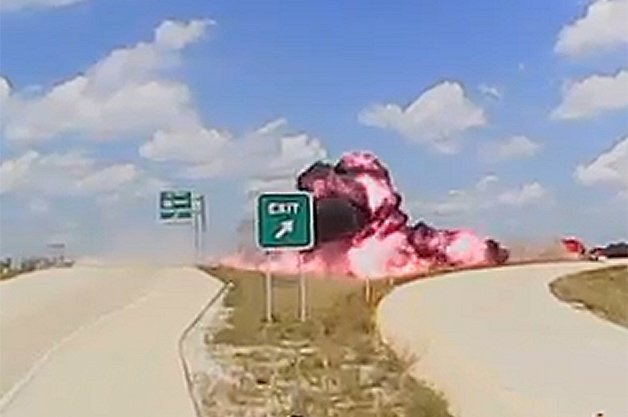 Watch a Semi-Truck Go Airborne and Explode on Impact