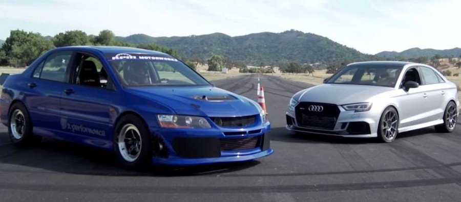 Audi RS3 Duels Mitsubishi Evo 8 In A Non-Rally Drag Race