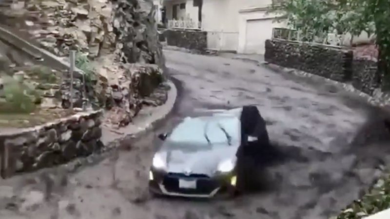 Watch a Toyota ‘bobsled’ down a hill in California mudslide