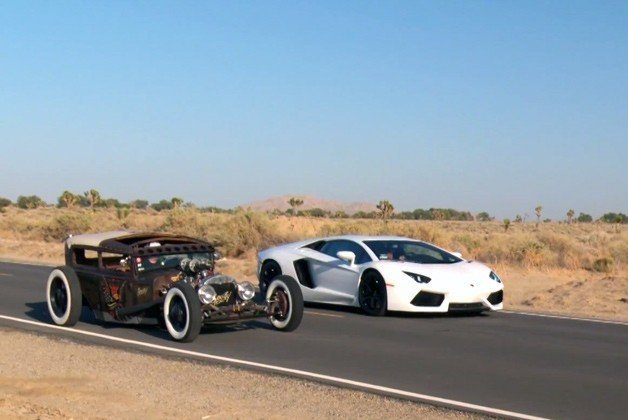 Hot Rod Pits Vintage Rat Rod Against Lamborghini Aventador in Desert Duel