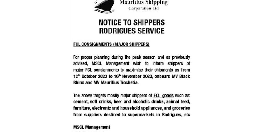 MSCL : Appel aux expéditeurs d’utiliser le Full Container Load vers Rodrigues