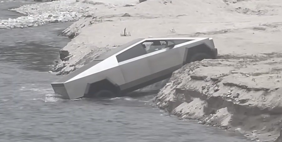 Driver Overestimates the Tesla Cybertruck, Gets Stuck in the River