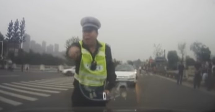 Chinese traffic cop gets taken for wild ride on car hood