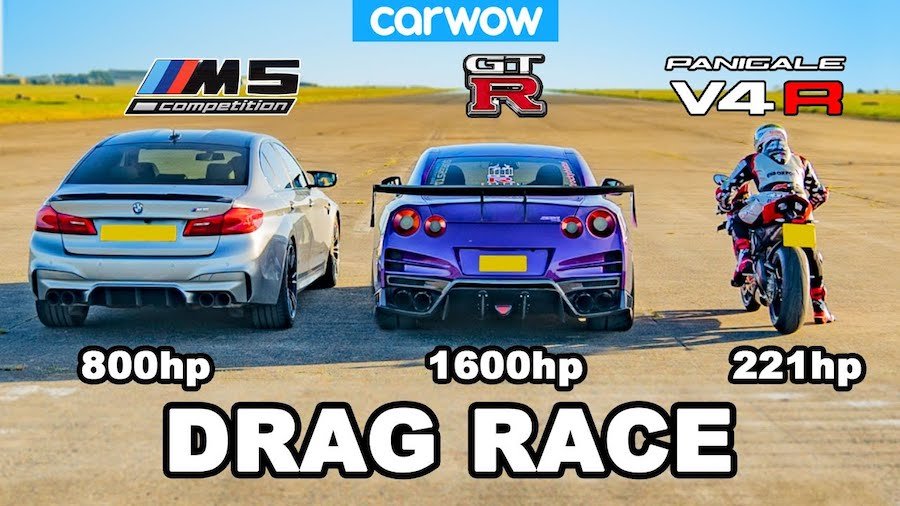 Tuned BMW M5, Nissan GT-R Fight Ducati Superbike In A Drag Race