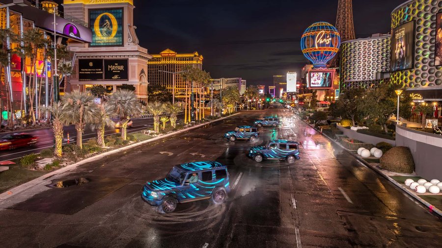 Watch The Electric Mercedes G-Class Do Synchronized Spins On The Vegas Strip