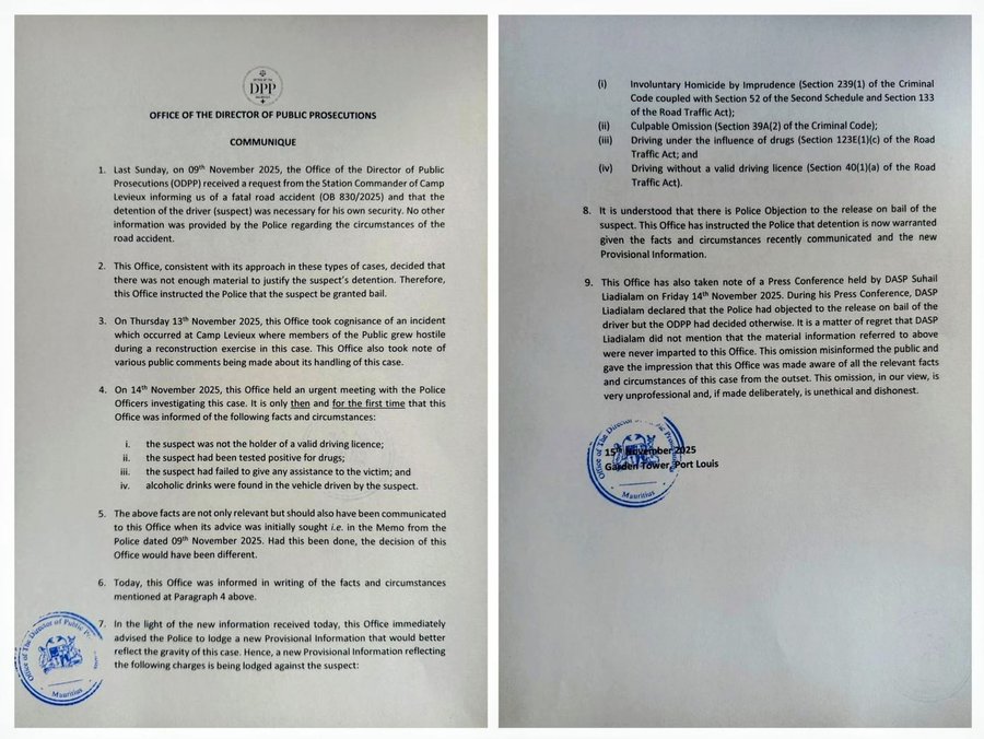 Camp Levieux, Accident ayant causé la mort de Muzammil Hossenbocus : la police n’avait pas communiqué des éléments essentiels au DPP