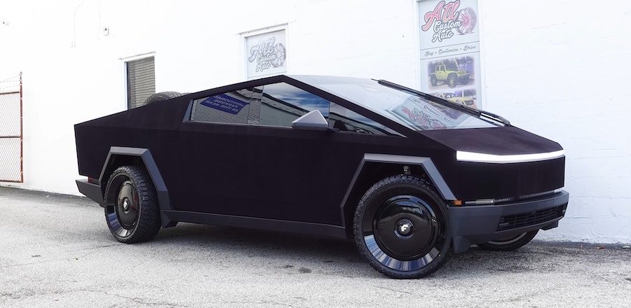 Hide Your Fashion Accessories - Tesla Cybertruck Gets Black Suede Wrap and Slantlip 26s