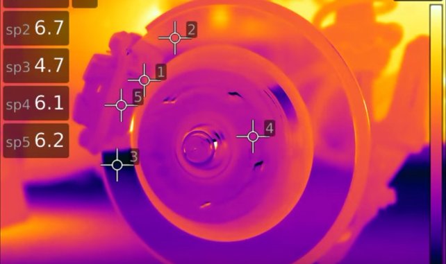 Video shows a thermal view of hot brakes in action