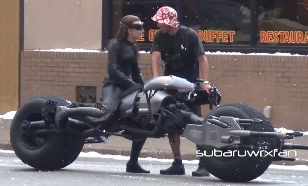 Batpod and Tumblers spotted filming with Catwoman  stunt double aboard