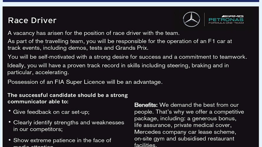 Mercedes places classified ad for F1 driver in Autosport