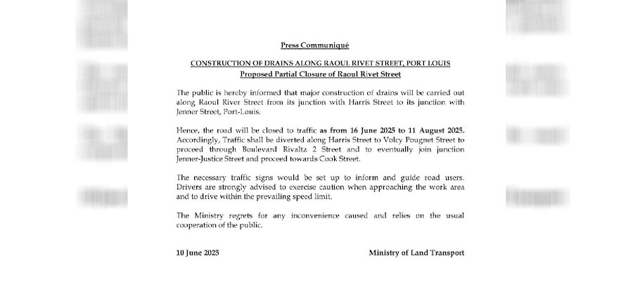 Port-Louis : Travaux de construction de drains sur la Rue Raoul Rivet du 16 juin jusqu’au 11 août