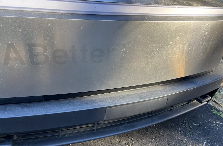 A Tesla Cybertruck Owner Used His Pickup As A Billboard. The Vinyl Is Gone But Not The Writing